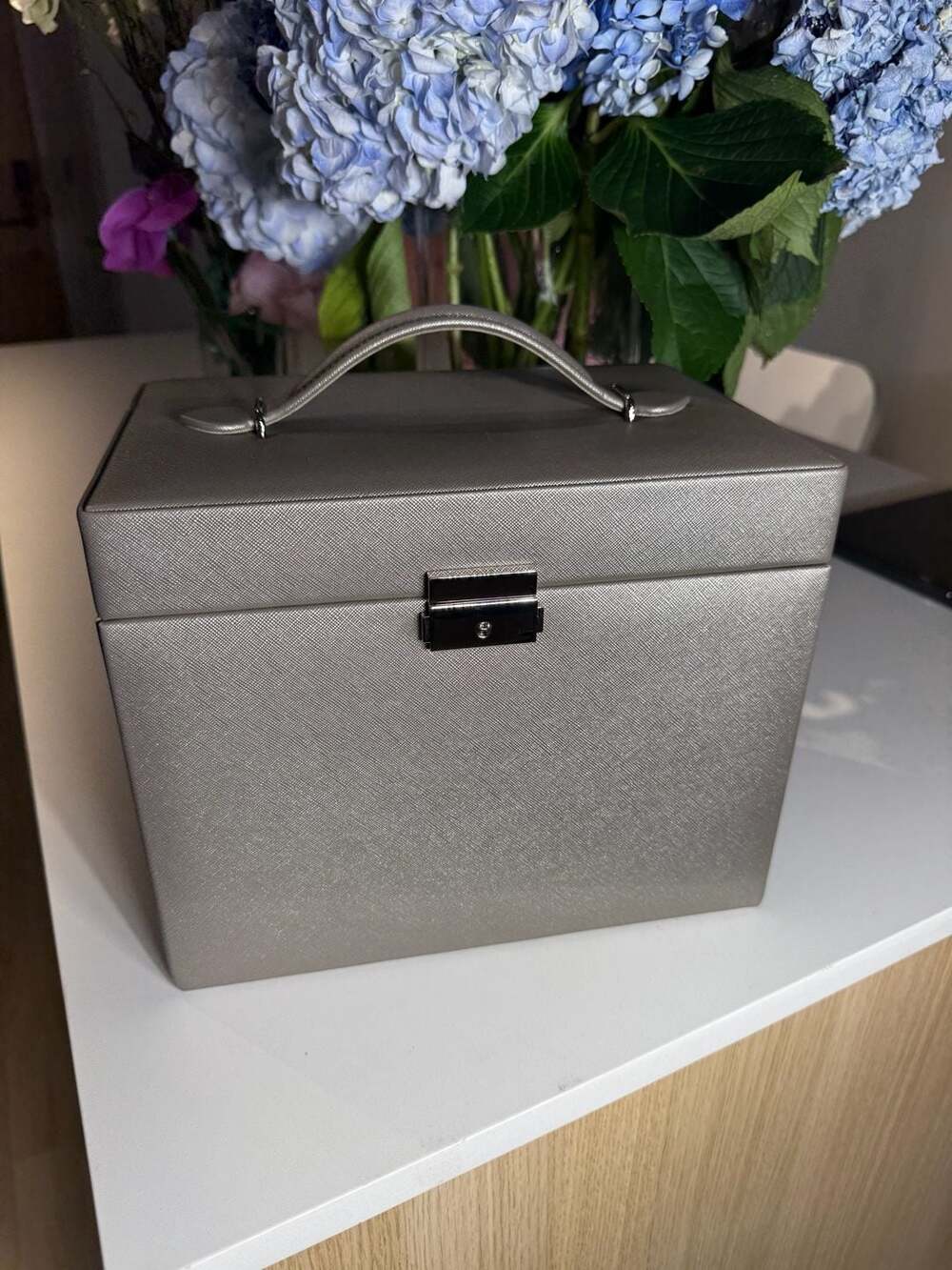 Wolf Heritage Large Jewelry Box in Pewter Saffiano